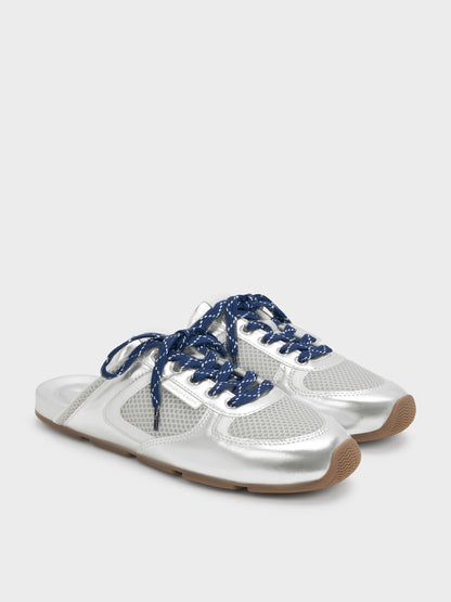 CHARLES & KEITH Special Offer / Metallic Mesh Lace-Up Sneaker Mules - Silver
