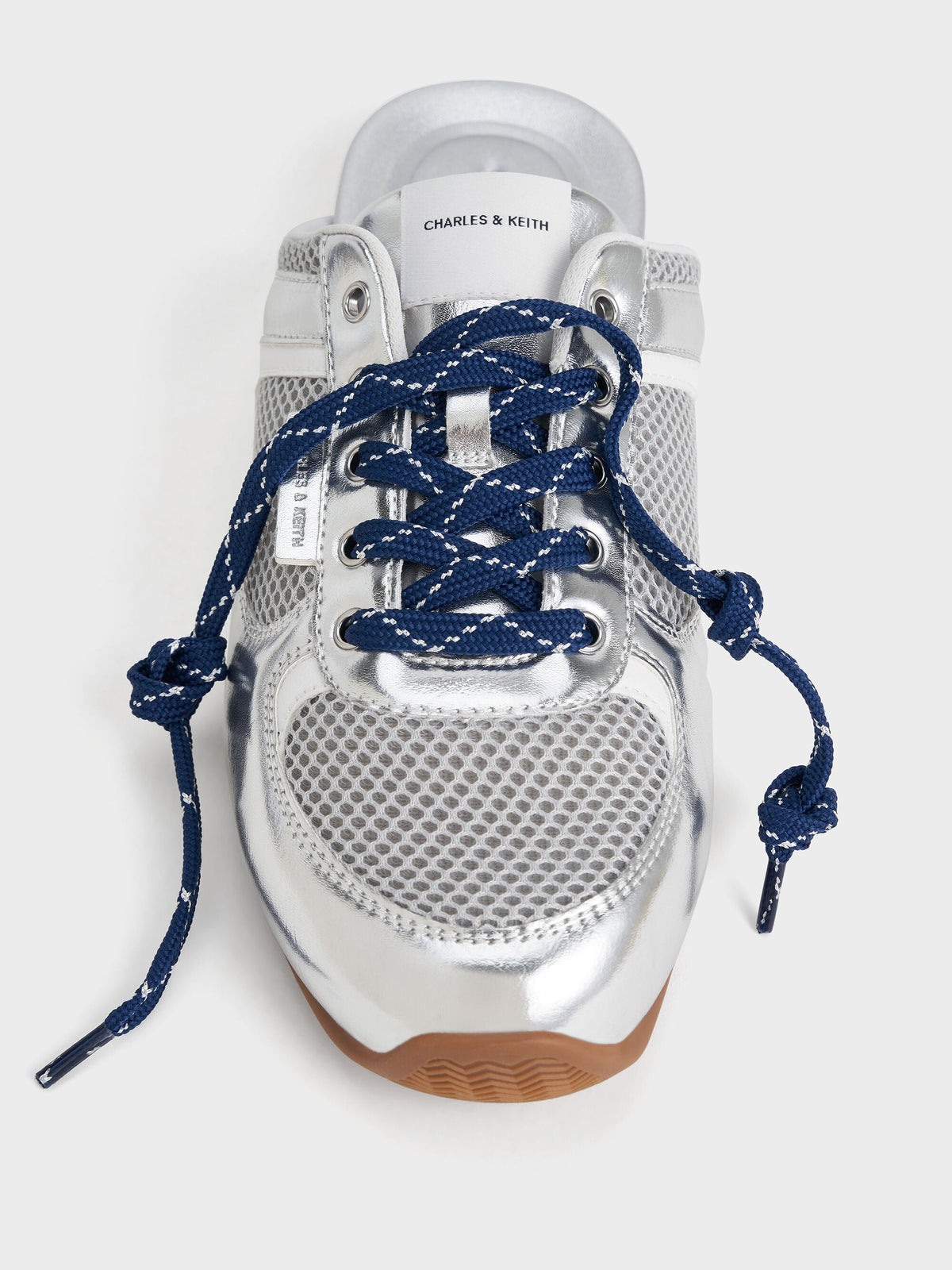 CHARLES & KEITH Special Offer / Metallic Mesh Lace-Up Sneaker Mules - Silver