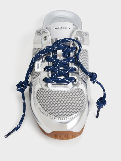 CHARLES & KEITH Special Offer / Metallic Mesh Lace-Up Sneaker Mules - Silver