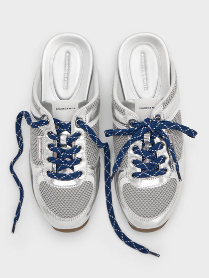 CHARLES & KEITH Special Offer / Metallic Mesh Lace-Up Sneaker Mules - Silver