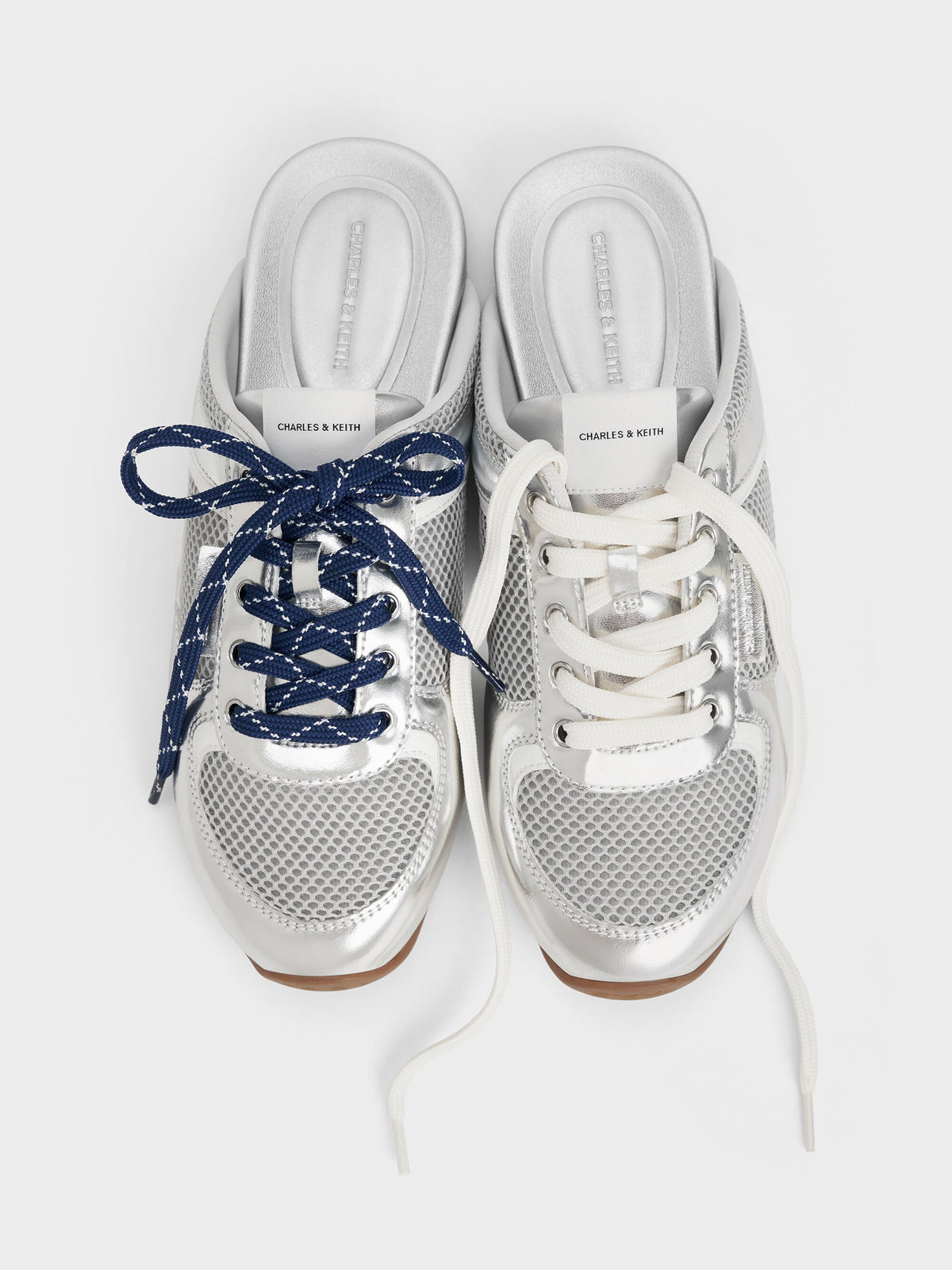 CHARLES & KEITH Special Offer / Metallic Mesh Lace-Up Sneaker Mules - Silver
