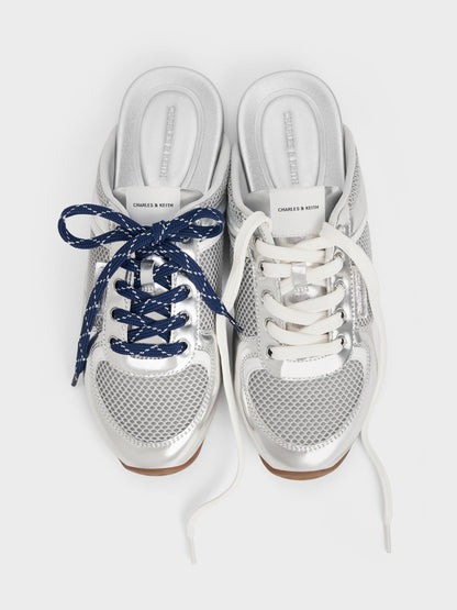 CHARLES & KEITH Special Offer / Metallic Mesh Lace-Up Sneaker Mules - Silver