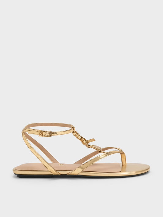 CHARLES & KEITH Popular / Adema Metallic Leather Strappy Thong Sandals - Gold