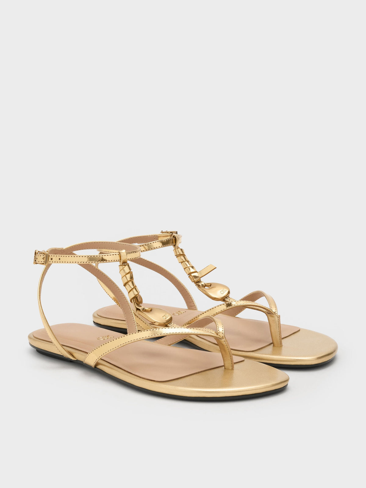 CHARLES & KEITH Popular / Adema Metallic Leather Strappy Thong Sandals - Gold