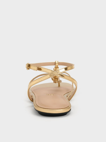 CHARLES & KEITH Popular / Adema Metallic Leather Strappy Thong Sandals - Gold
