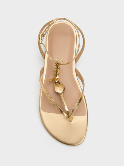 CHARLES & KEITH Popular / Adema Metallic Leather Strappy Thong Sandals - Gold