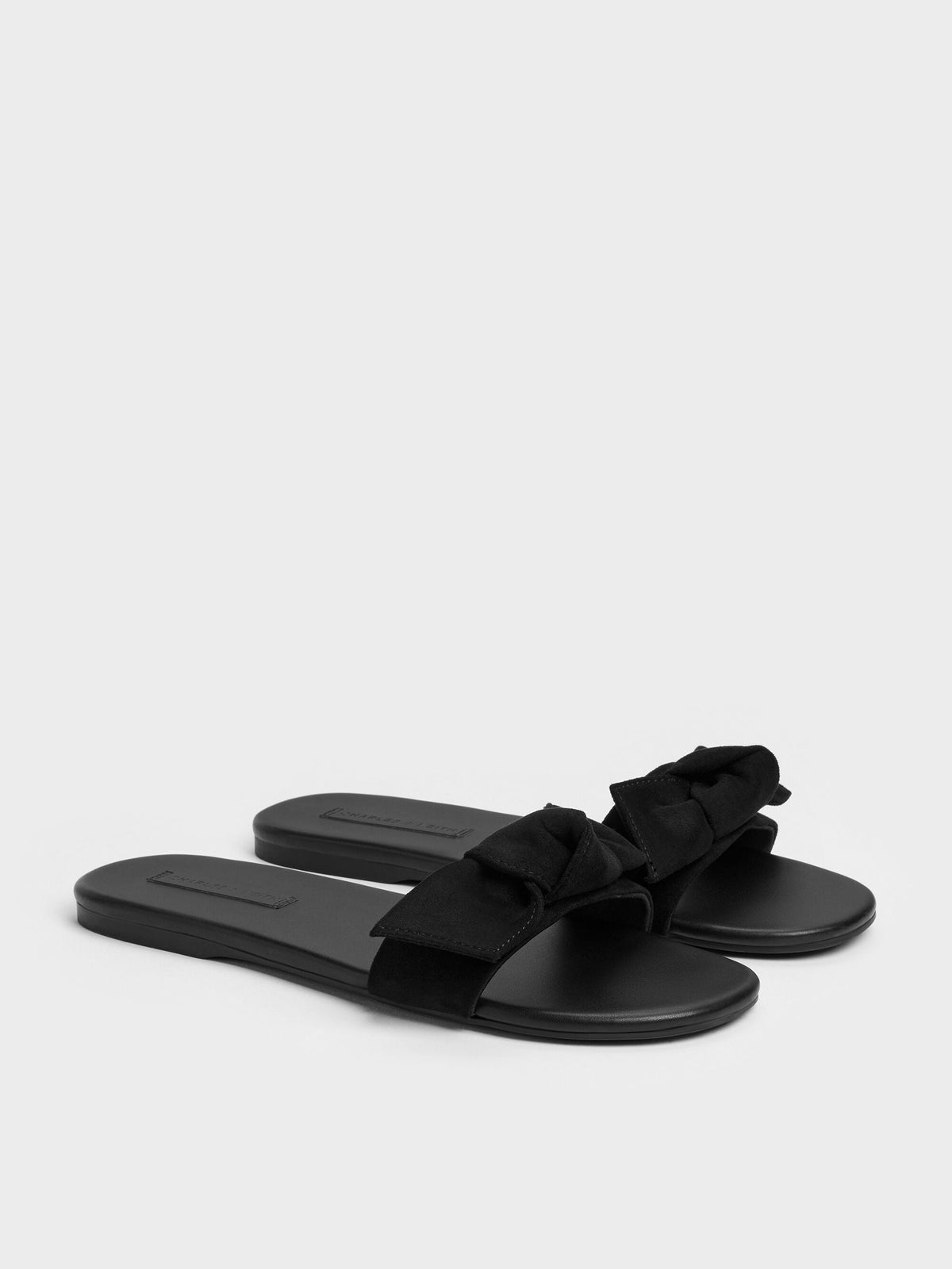 CHARLES & KEITH Quality / Anika Faux Suede Knot-Bow Slides - Black Textured