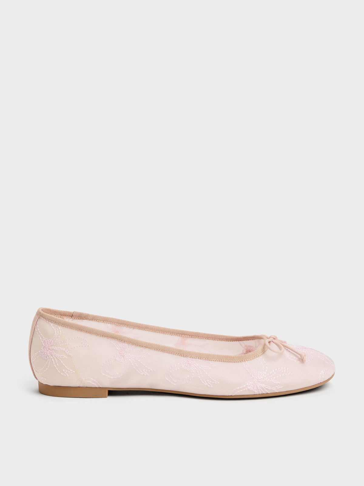 CHARLES & KEITH Trending / Embroidered-Mesh Bow Ballet Flats - Light Pink