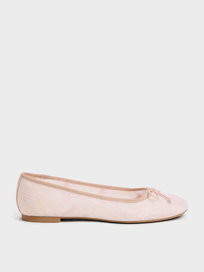CHARLES & KEITH Trending / Embroidered-Mesh Bow Ballet Flats - Light Pink