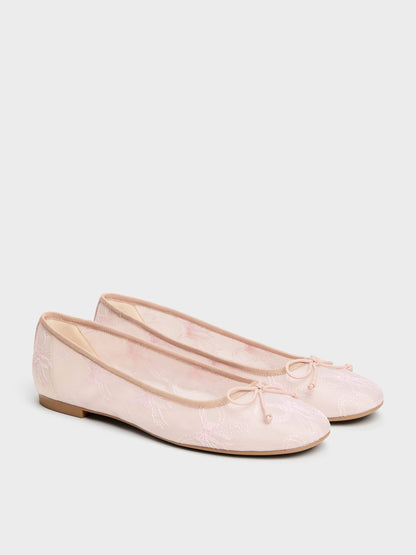 CHARLES & KEITH Trending / Embroidered-Mesh Bow Ballet Flats - Light Pink