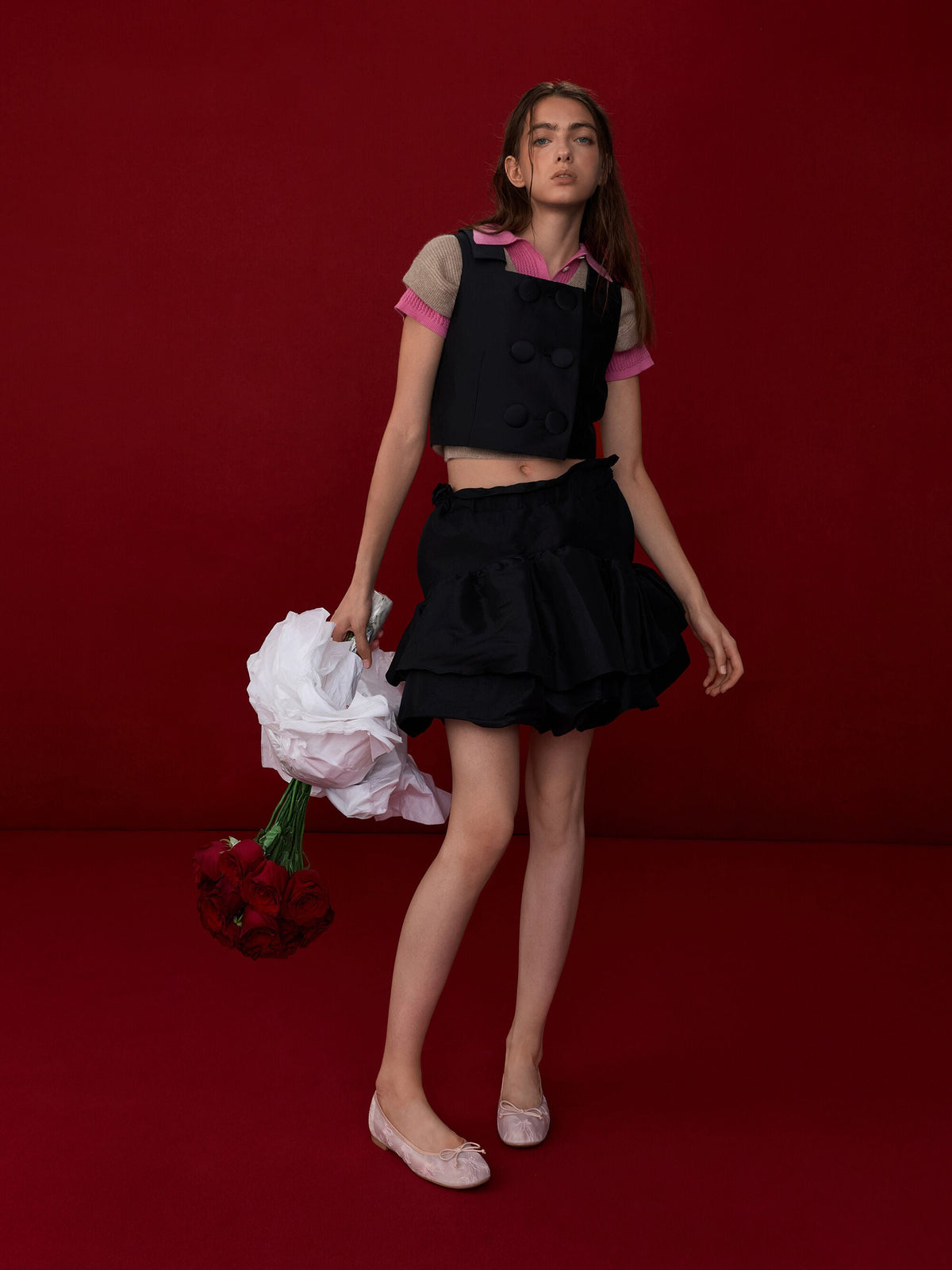 CHARLES & KEITH Trending / Embroidered-Mesh Bow Ballet Flats - Light Pink