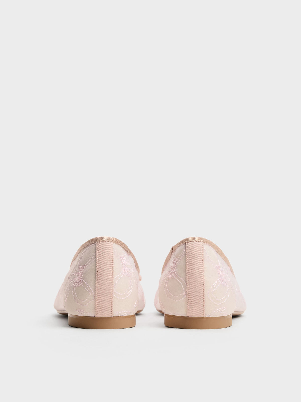 CHARLES & KEITH Trending / Embroidered-Mesh Bow Ballet Flats - Light Pink