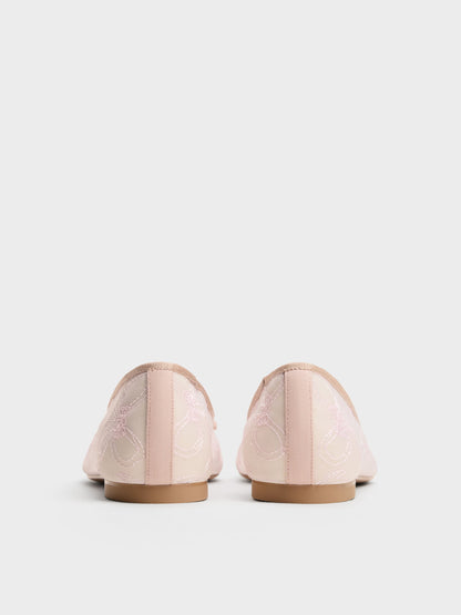 CHARLES & KEITH Trending / Embroidered-Mesh Bow Ballet Flats - Light Pink