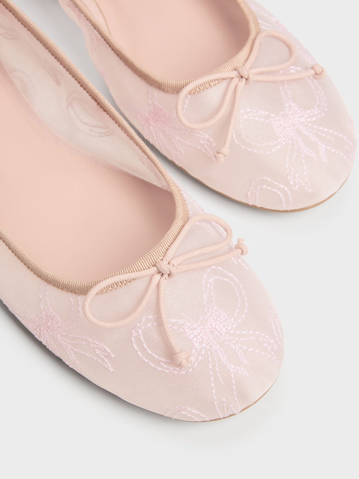 CHARLES & KEITH Trending / Embroidered-Mesh Bow Ballet Flats - Light Pink