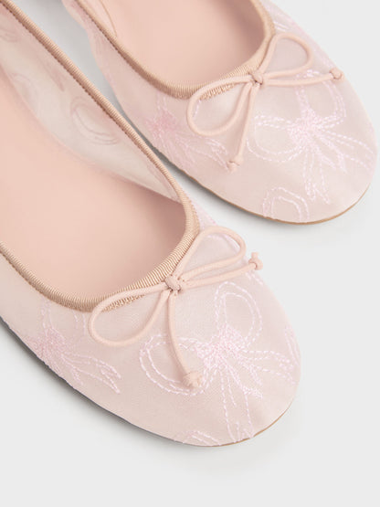 CHARLES & KEITH Trending / Embroidered-Mesh Bow Ballet Flats - Light Pink