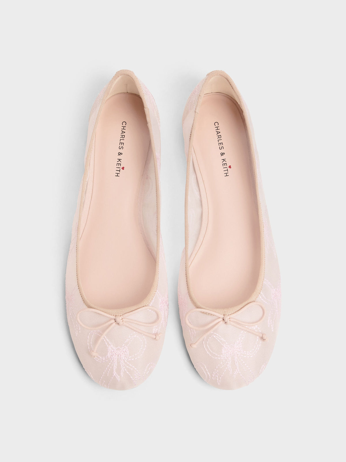 CHARLES & KEITH Trending / Embroidered-Mesh Bow Ballet Flats - Light Pink
