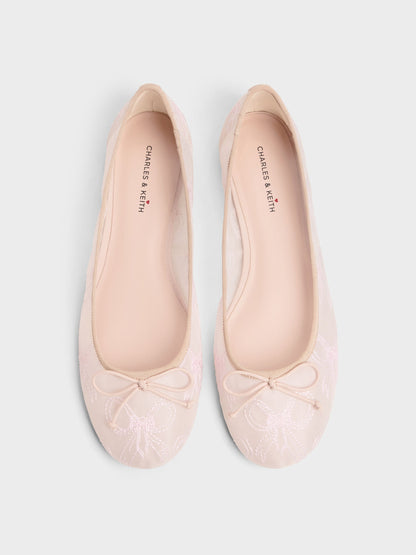 CHARLES & KEITH Trending / Embroidered-Mesh Bow Ballet Flats - Light Pink