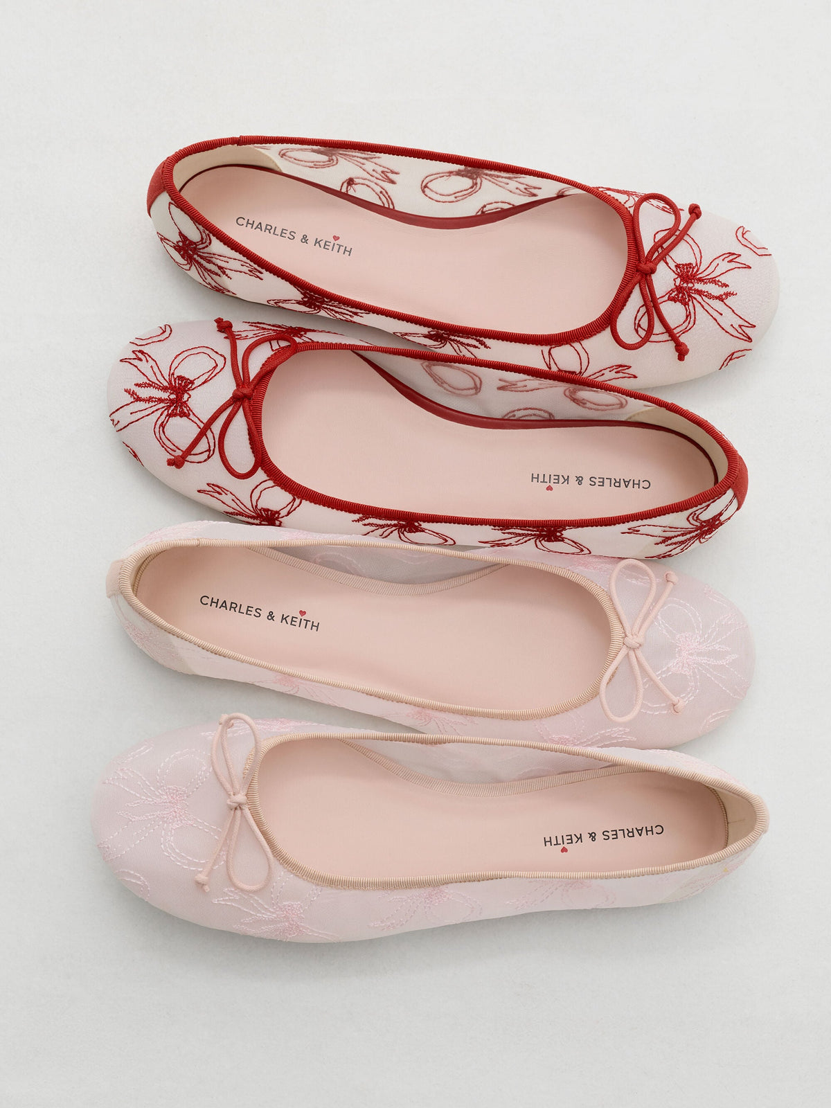 CHARLES & KEITH Trending / Embroidered-Mesh Bow Ballet Flats - Light Pink