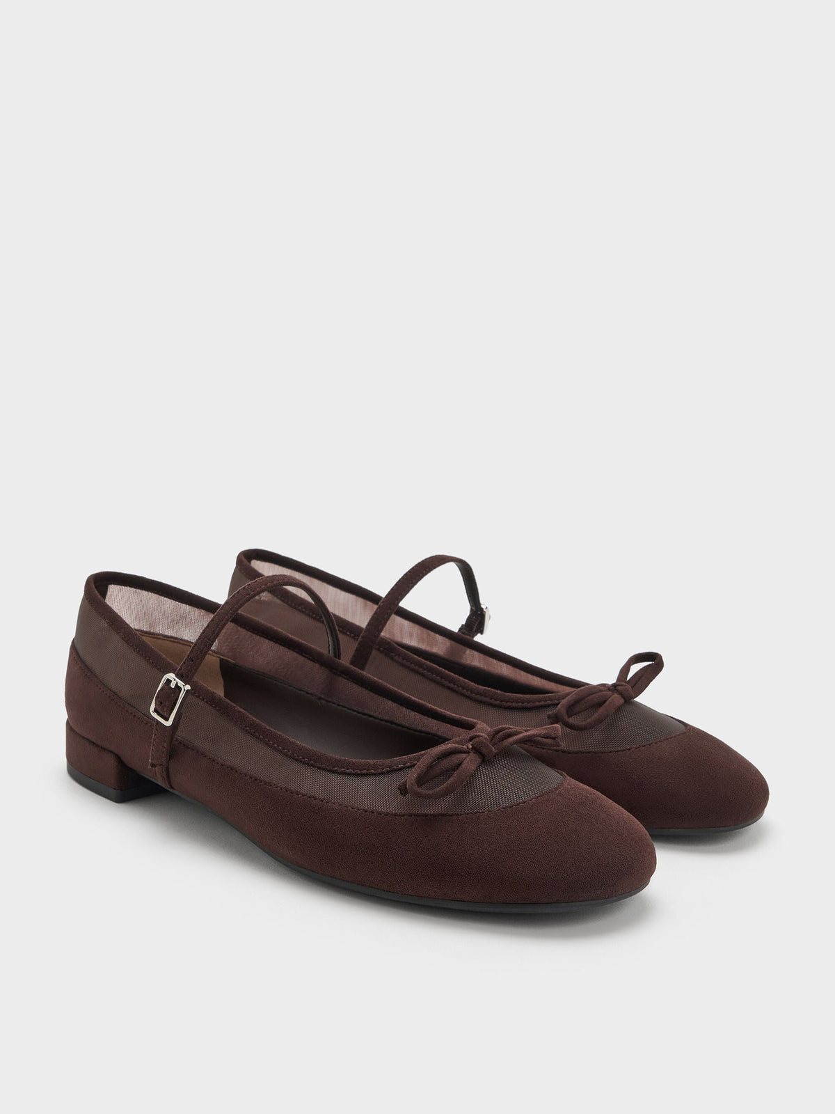 CHARLES & KEITH Essential / Mulligan Faux Suede & Mesh Mary Janes - Dark Brown Textured