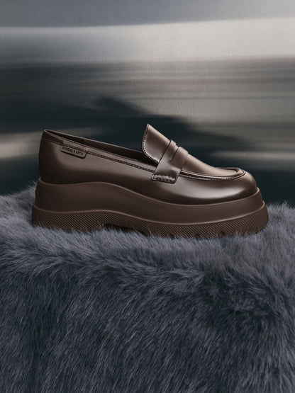 CHARLES & KEITH Essential / Leoi Platform Penny Loafers - Dark Brown