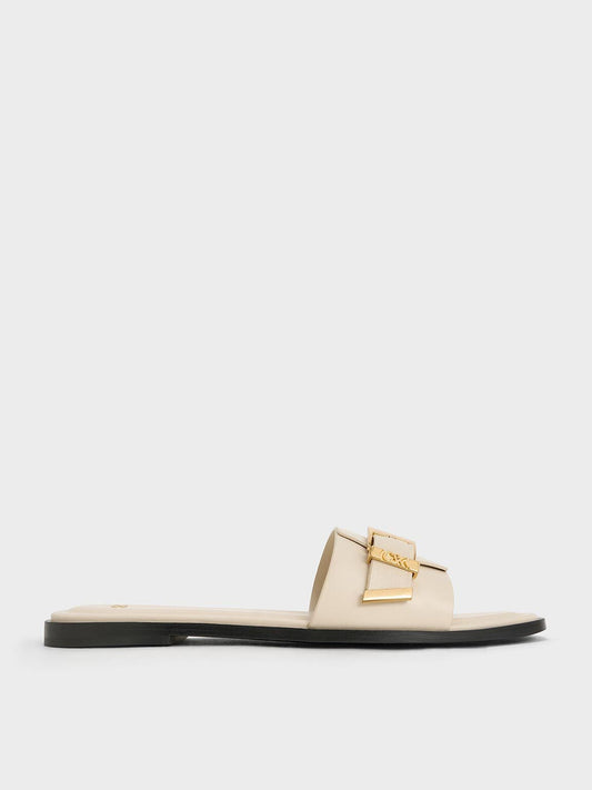 CHARLES & KEITH Recommended / Whitney Leather Slide Sandals - Chalk
