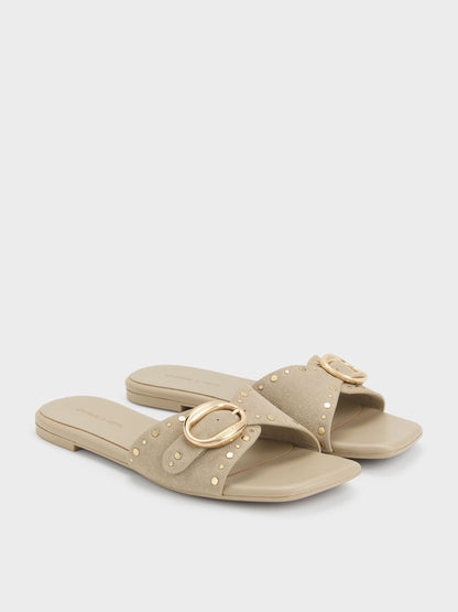 CHARLES & KEITH Recommended / Studded Buckled Slide Sandals - Beige
