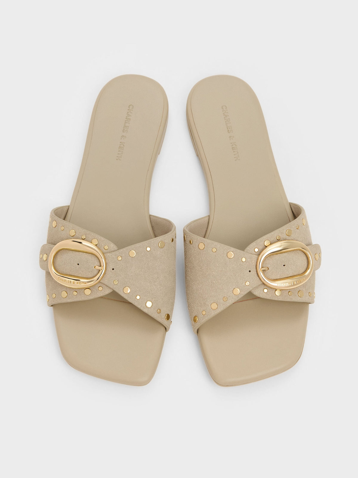 CHARLES & KEITH Recommended / Studded Buckled Slide Sandals - Beige