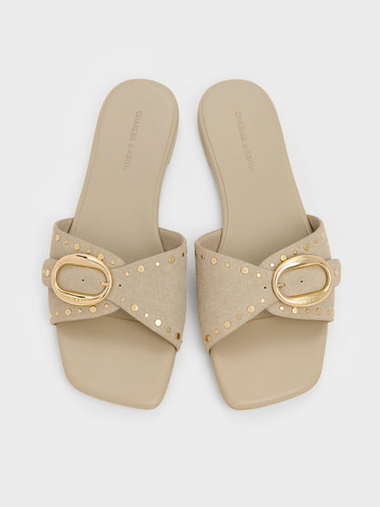 CHARLES & KEITH Recommended / Studded Buckled Slide Sandals - Beige