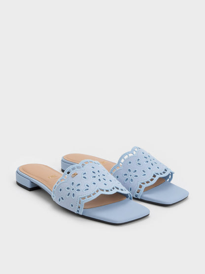 CHARLES & KEITH Value / Leather Embroidered Slide Sandals - Light Blue