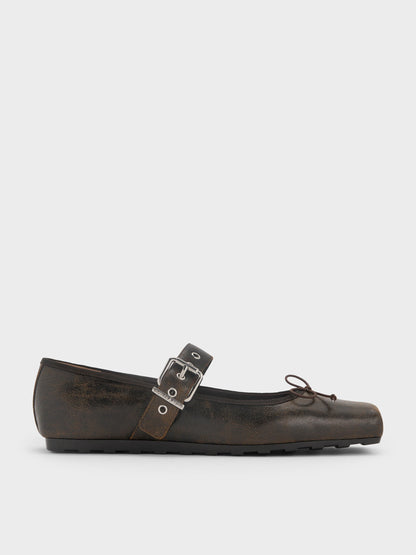 CHARLES & KEITH Value / Myler Crinkle-Effect Bow Mary Janes - Dark Brown