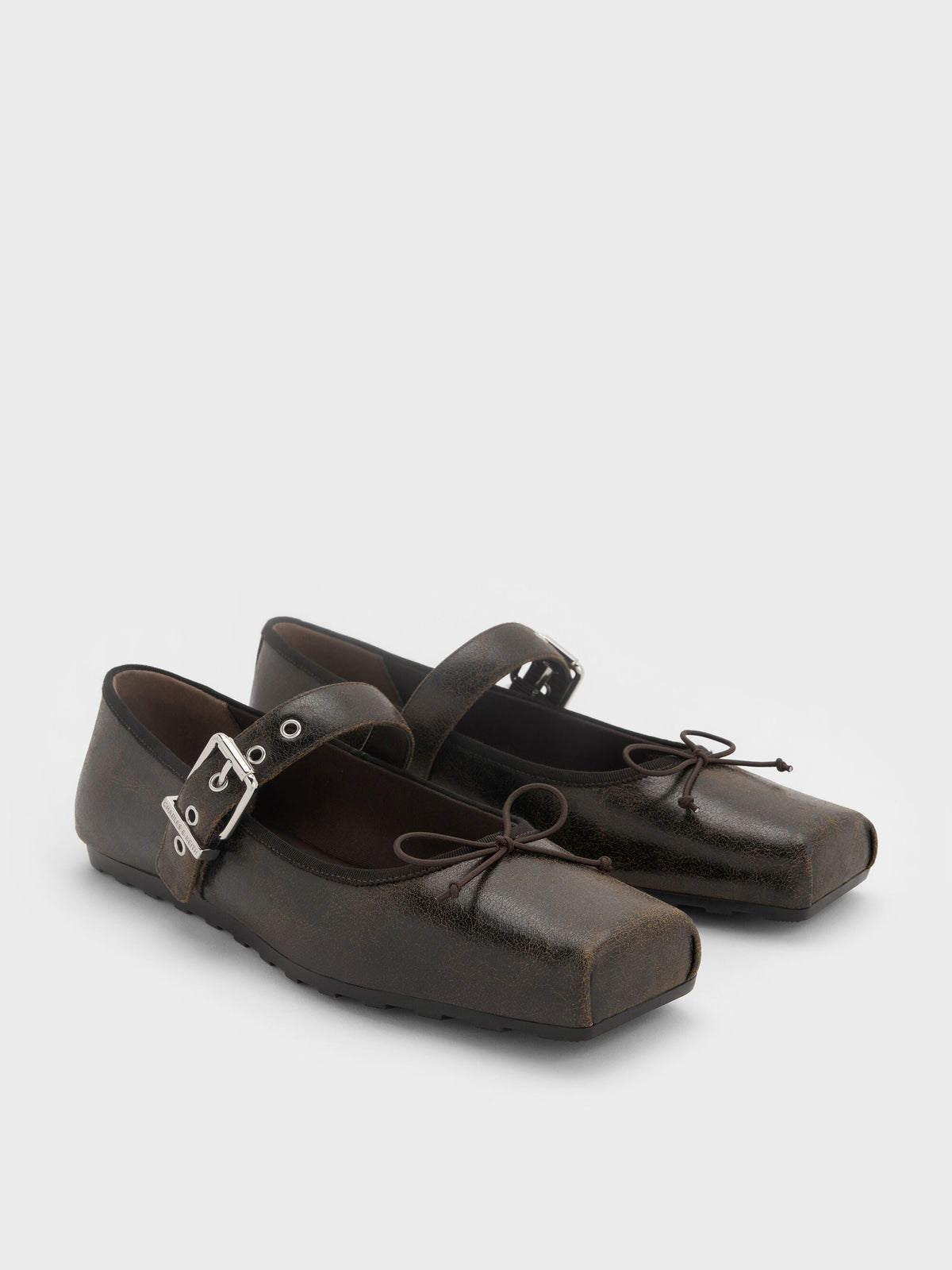 CHARLES & KEITH Value / Myler Crinkle-Effect Bow Mary Janes - Dark Brown