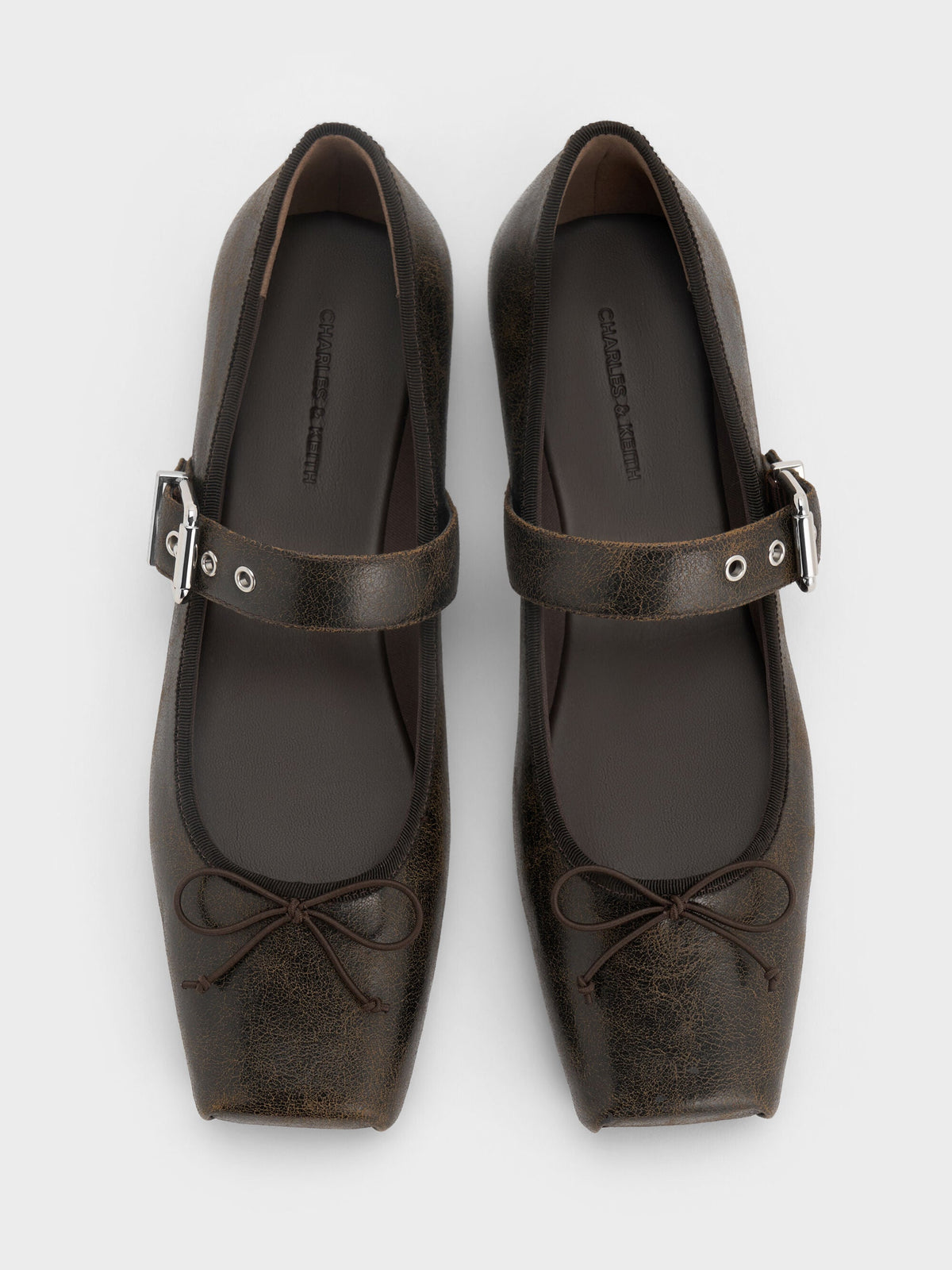 CHARLES & KEITH Value / Myler Crinkle-Effect Bow Mary Janes - Dark Brown