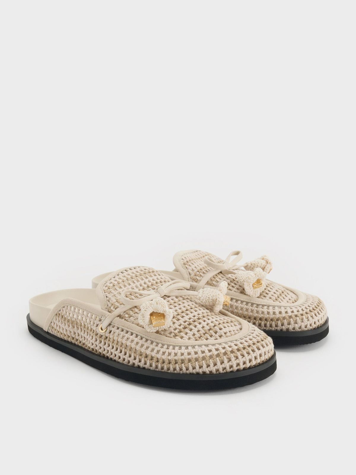 CHARLES & KEITH Everyday / Crochet & Suede Flower Mules - Chalk