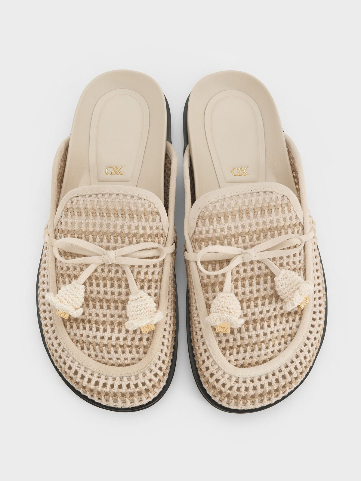 CHARLES & KEITH Everyday / Crochet & Suede Flower Mules - Chalk