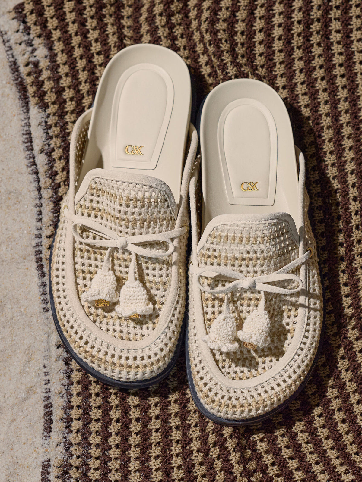 CHARLES & KEITH Everyday / Crochet & Suede Flower Mules - Chalk