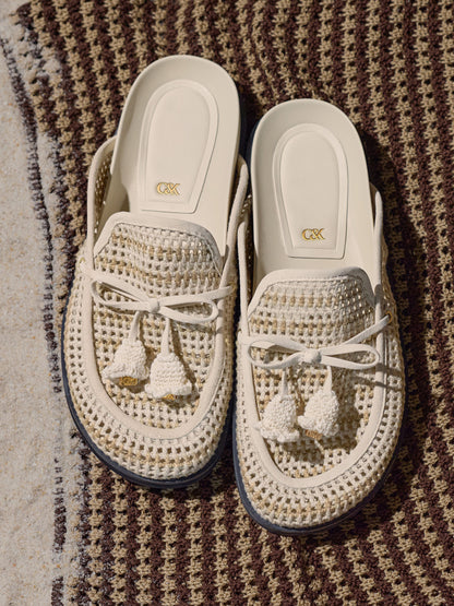 CHARLES & KEITH Everyday / Crochet & Suede Flower Mules - Chalk