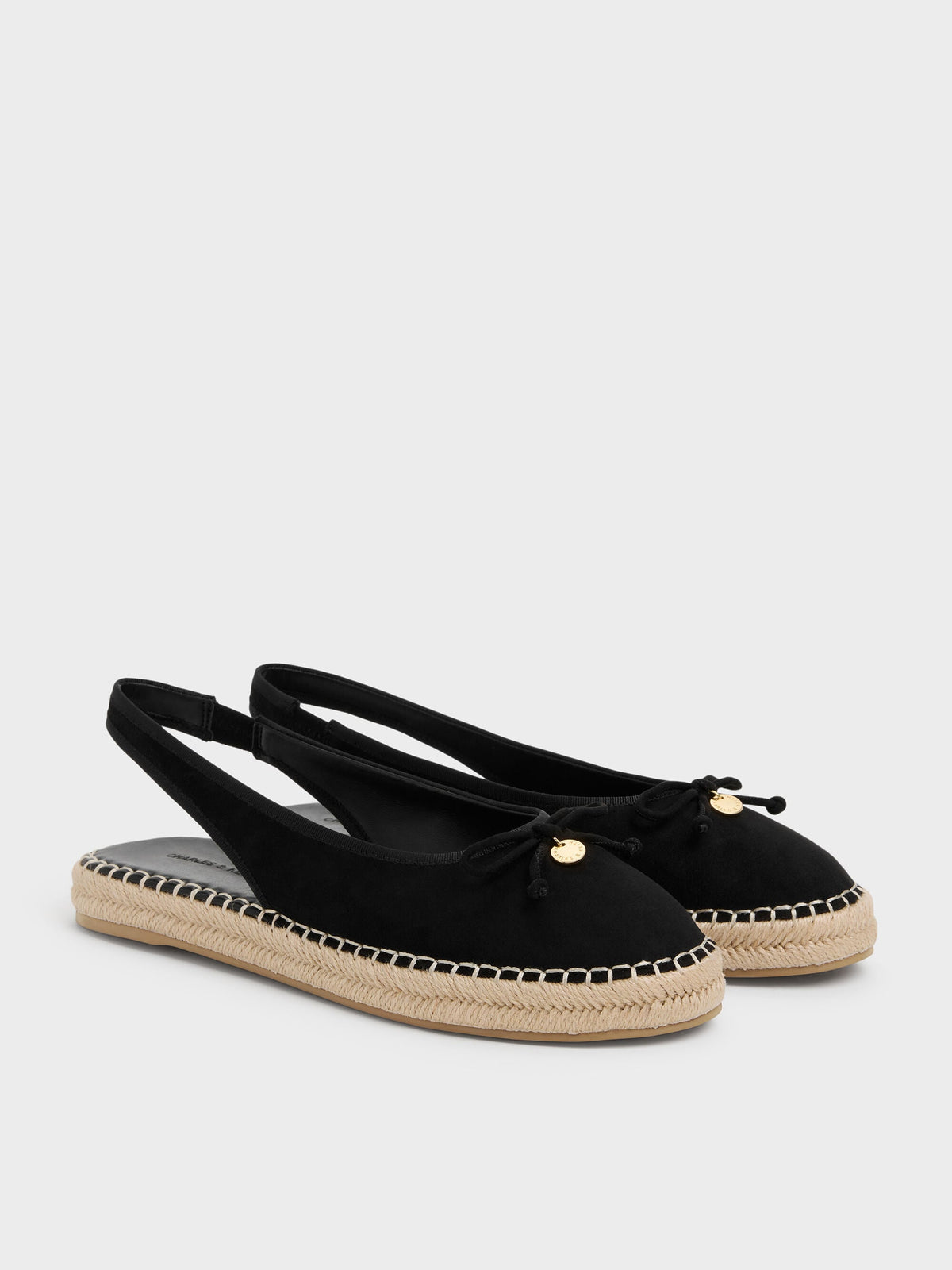 CHARLES & KEITH Essential / Faux Suede Bow Slingback Espadrilles - Black Textured