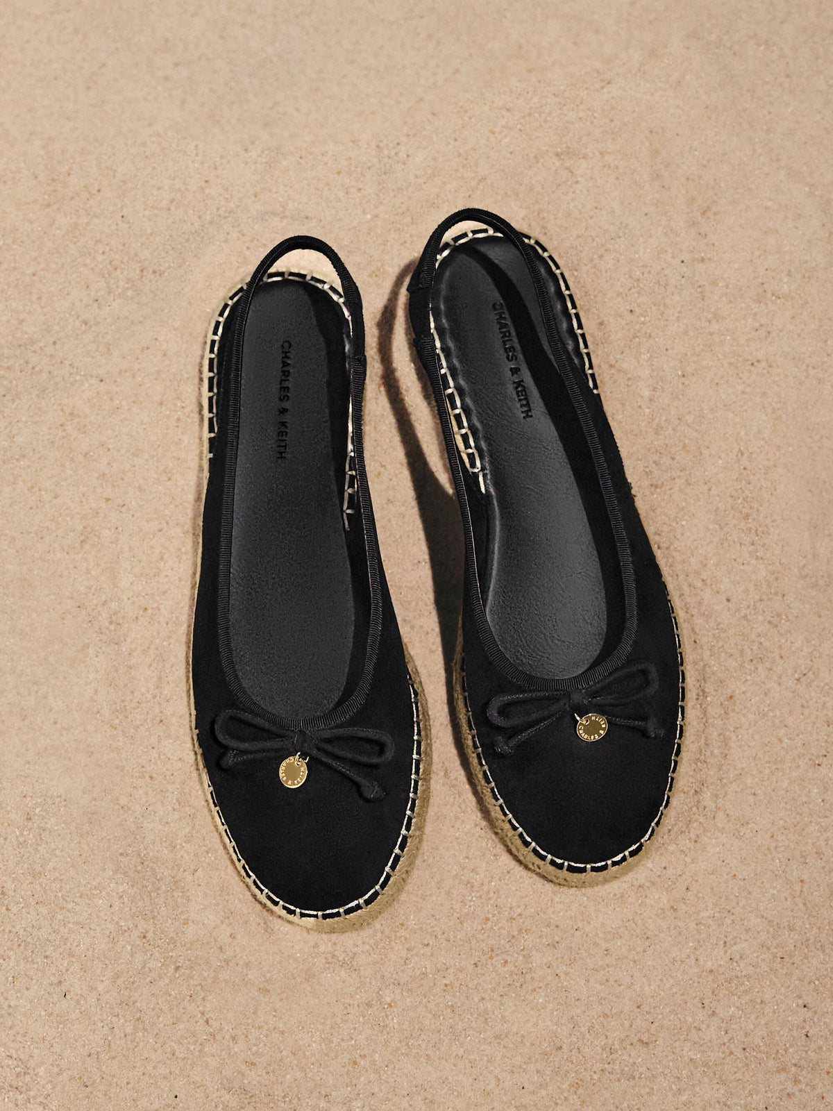 CHARLES & KEITH Essential / Faux Suede Bow Slingback Espadrilles - Black Textured
