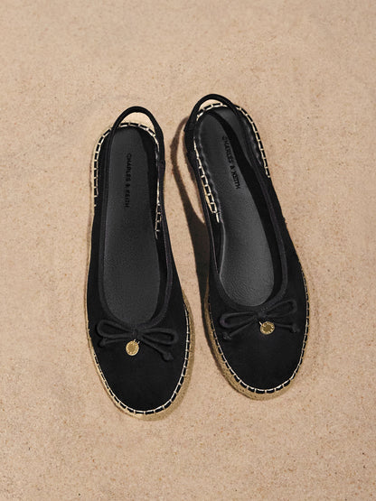 CHARLES & KEITH Essential / Faux Suede Bow Slingback Espadrilles - Black Textured