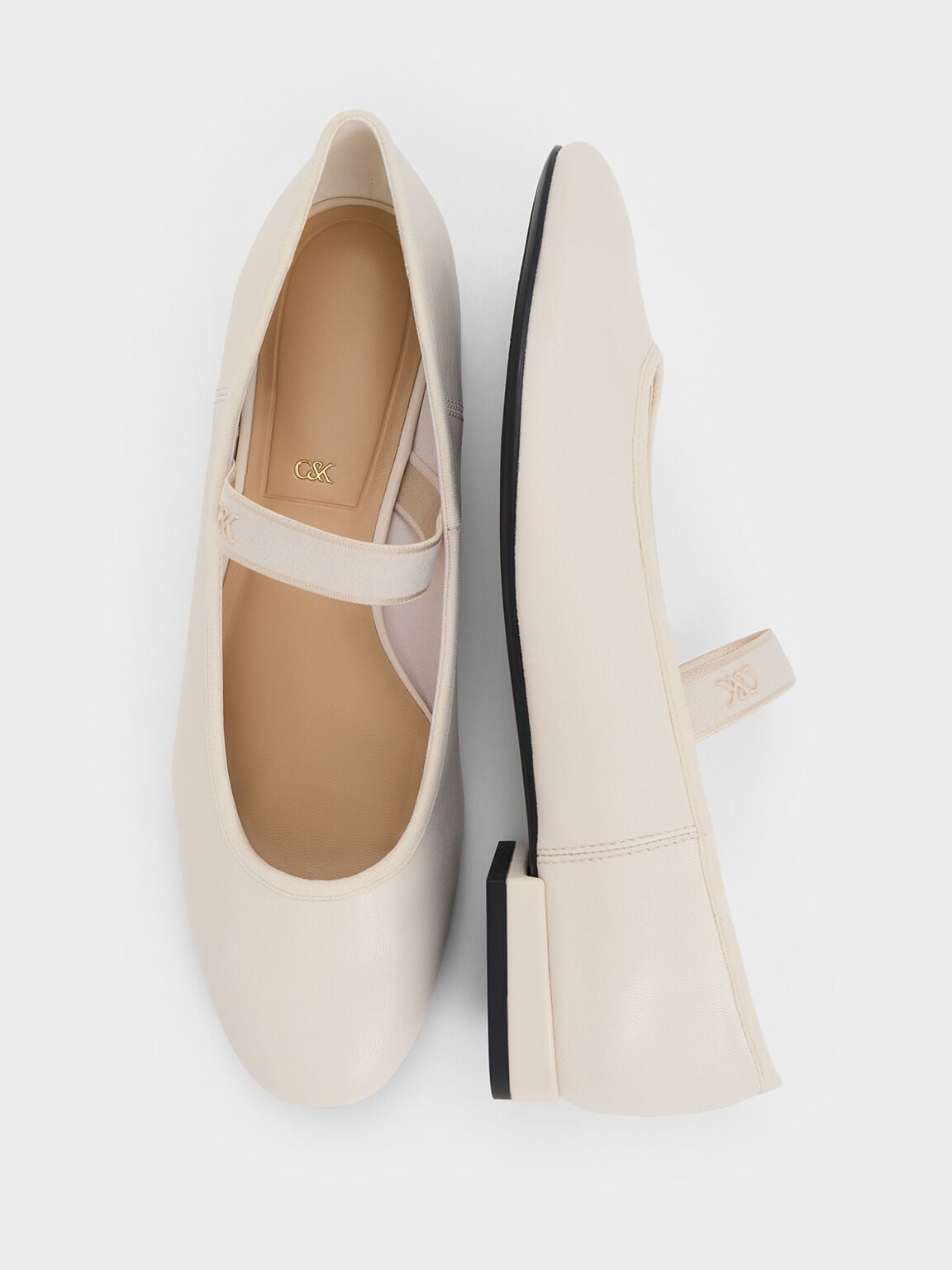 CHARLES & KEITH Customer Favorite / Leather Mary Jane Flats - Chalk