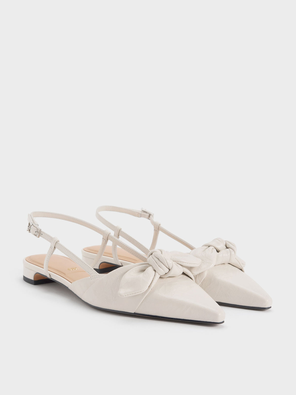 CHARLES & KEITH Best Seller / Jayce Leather Knot-Bow Slingback Flats - White