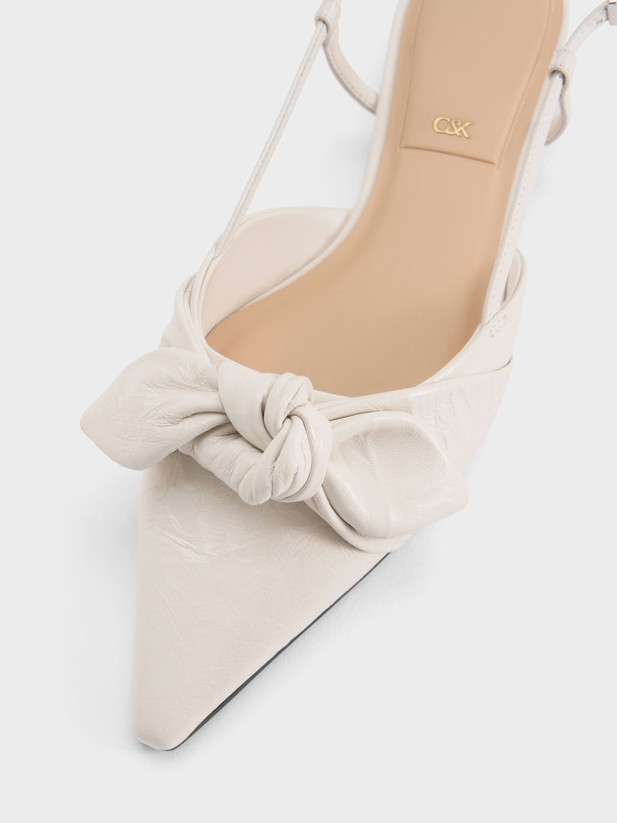 CHARLES & KEITH Best Seller / Jayce Leather Knot-Bow Slingback Flats - White