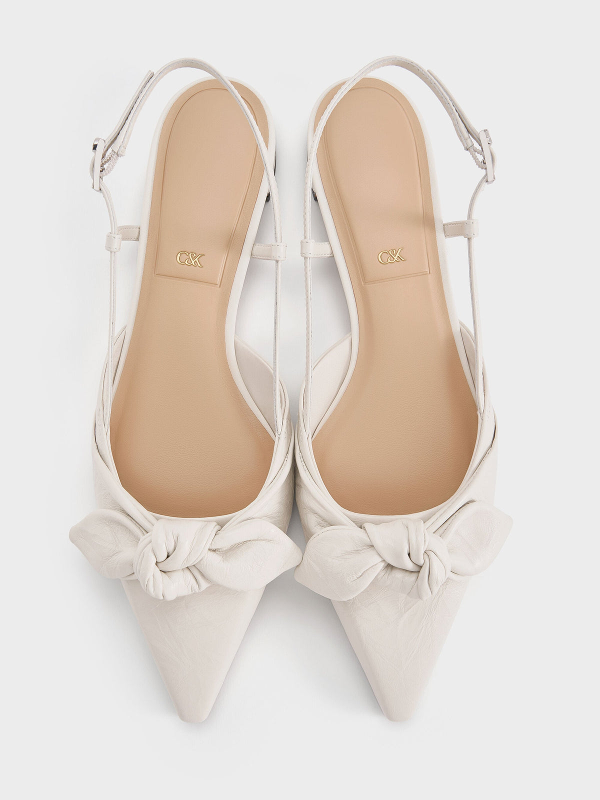 CHARLES & KEITH Best Seller / Jayce Leather Knot-Bow Slingback Flats - White