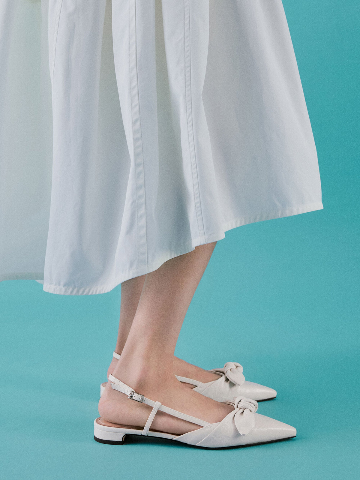 CHARLES & KEITH Best Seller / Jayce Leather Knot-Bow Slingback Flats - White