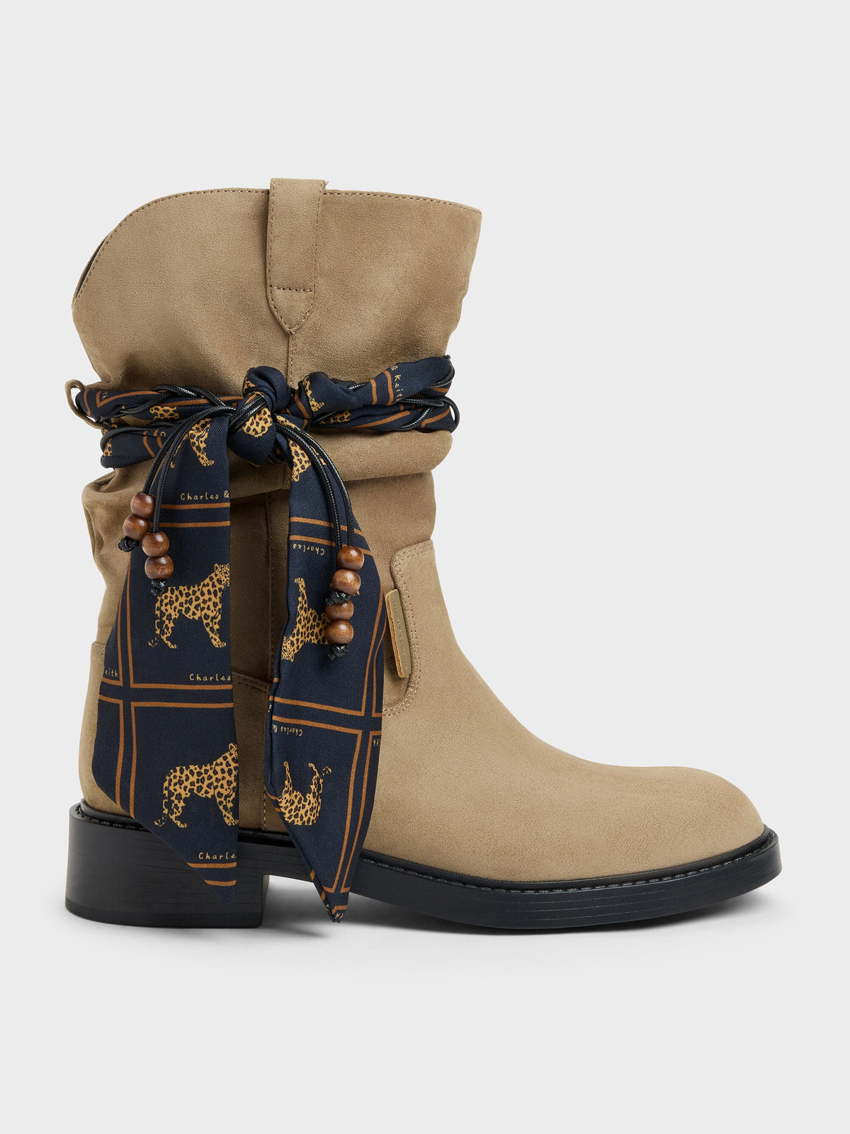 CHARLES & KEITH Popular / Faux Suede Printed-Scarf Calf Boots - Khaki