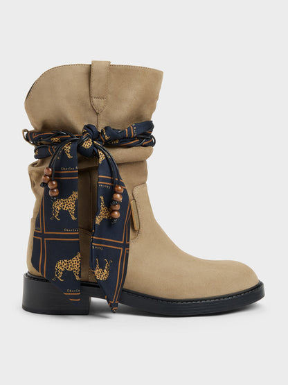 CHARLES & KEITH Popular / Faux Suede Printed-Scarf Calf Boots - Khaki