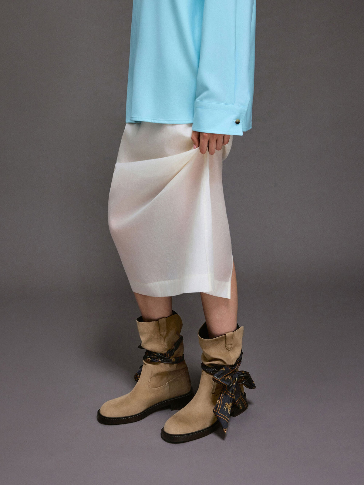 CHARLES & KEITH Popular / Faux Suede Printed-Scarf Calf Boots - Khaki