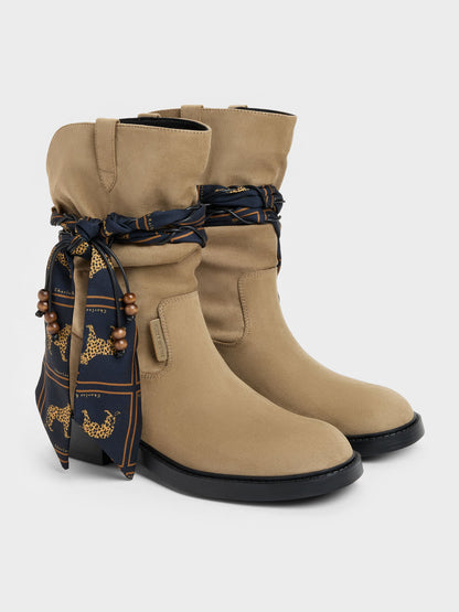 CHARLES & KEITH Popular / Faux Suede Printed-Scarf Calf Boots - Khaki