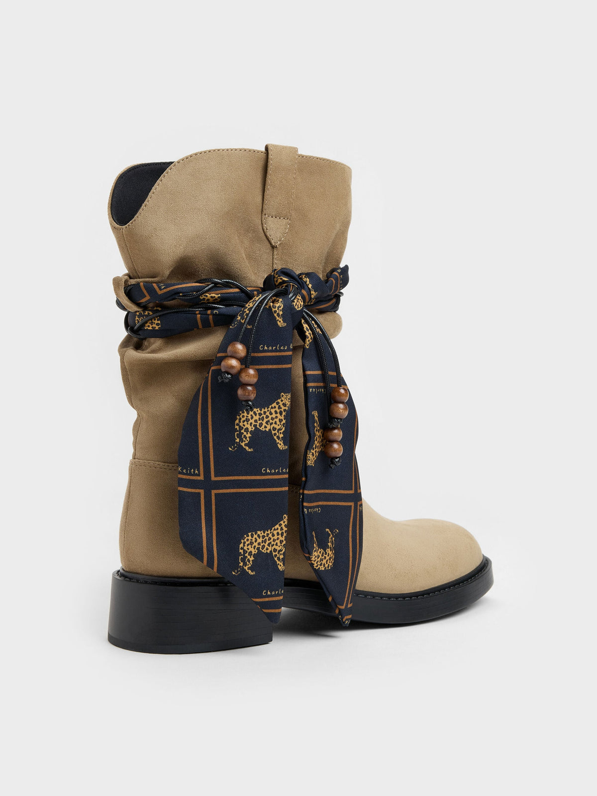 CHARLES & KEITH Popular / Faux Suede Printed-Scarf Calf Boots - Khaki