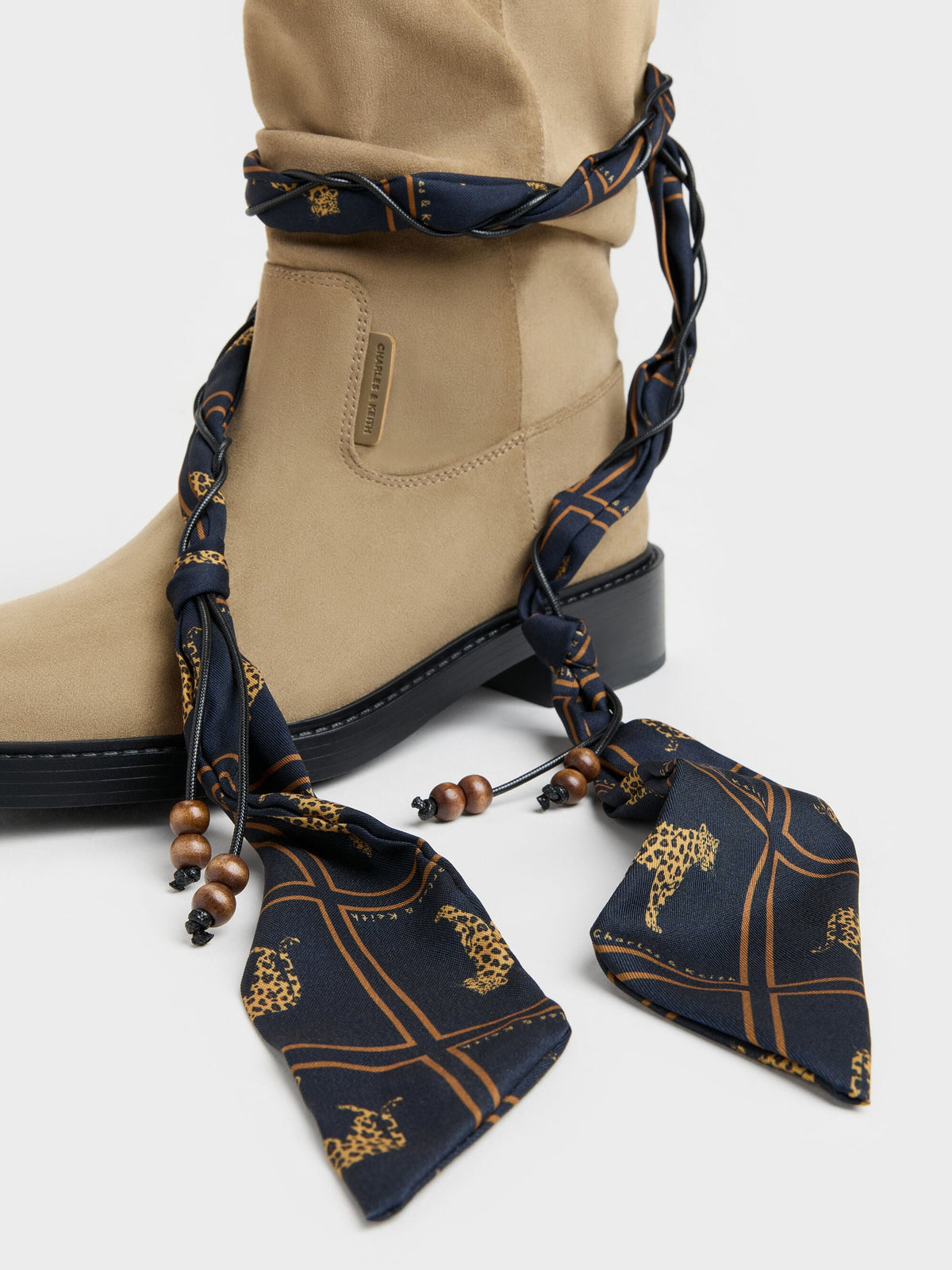 CHARLES & KEITH Popular / Faux Suede Printed-Scarf Calf Boots - Khaki